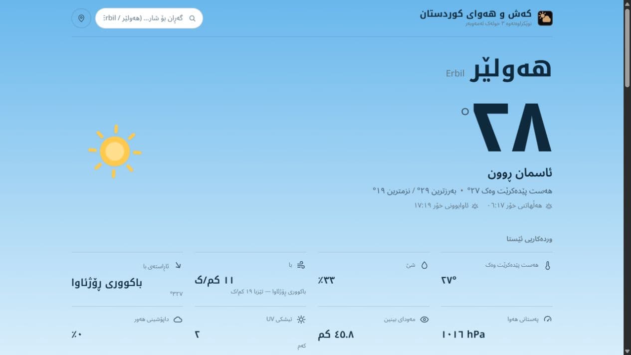 Kurdistan Weather showing live conditions and a forecast in Kurdish Sorani