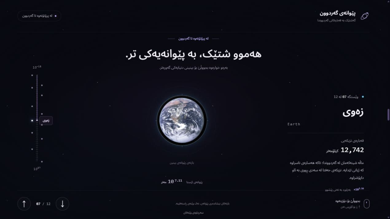 Cosmic Scale Visualizer showing Earth and its scale in a Kurdish interface